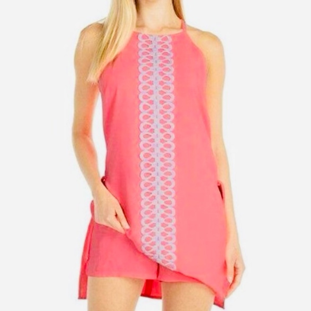 Lilly Pulitzer Donna Pearl Romper Lillys Coral
Crepe Neon Orange Pink Size 6.